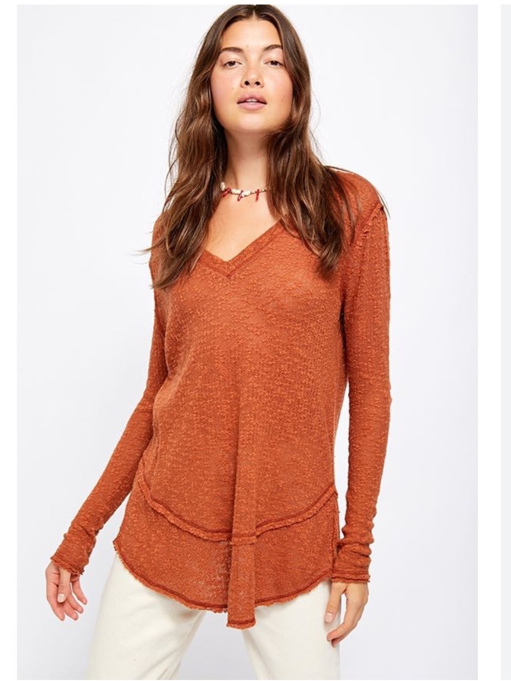 Free People Ocean Air Hacci Copper Oversized V-Neck Sweater Medium